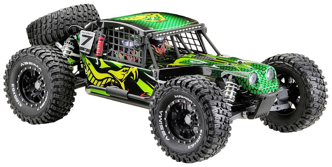 Ferngesteuertes Auto mit robusten, großen Reifen und einem auffälligen, grün-schwarzen Design.