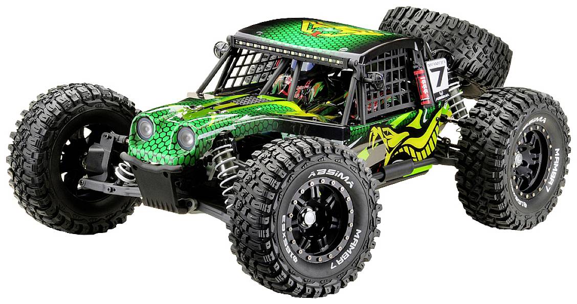 Ein grünes, ferngesteuertes Auto im Offroad-Stil mit großen Rädern und Nummer 7, ideal für anspruchsvolles Gelände.