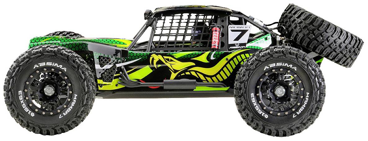 Ein ferngesteuertes Auto im Buggy-Stil mit auffälligem grünen Schlangendesign und großen Geländereifen.