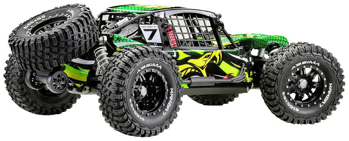 Ein grünes ferngesteuertes Auto im Offroad-Stil mit großen, grob profilierten Reifen; robustes Design für unwegsames Gelände.