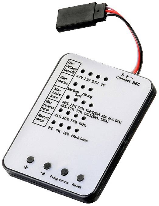 Ein elektronisches Steuergerät mit mehreren Tasten und LED-Anzeigen zur Einstellung von Spannung und Funktionsparametern.