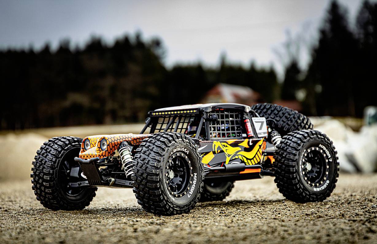 Ein ferngesteuertes Geländeauto mit auffälligen Grafiken und großen Geländereifen steht auf einem Kiesbett vor einem Waldhintergrund.