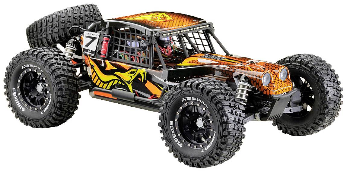 Ferngesteuertes, orange-schwarzes Modellauto im Offroad-Stil mit großen Reifen und einer aggressiven Lackierung.