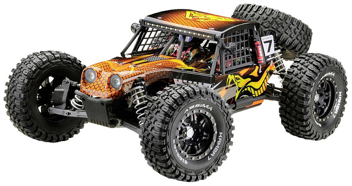 Ein ferngesteuertes Offroad-Auto mit robustem Design, großen Reifen und einem auffälligen orange-schwarzen Muster. Ideal für unebenes Gelände.