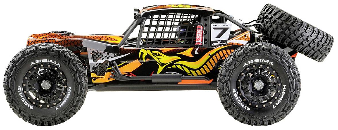 Spielzeug-Buggy im Seitenprofil, orangefarbenes Design mit Schlangenmotiv, schwarze Reifen, Ersatzrad hinten.