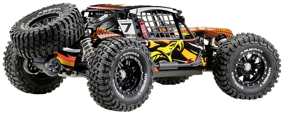 Ein ferngesteuertes Auto mit großer Bodenfreiheit und grobstolligen Reifen, dekoriert mit einem orange-schwarzen Drachenmuster.
