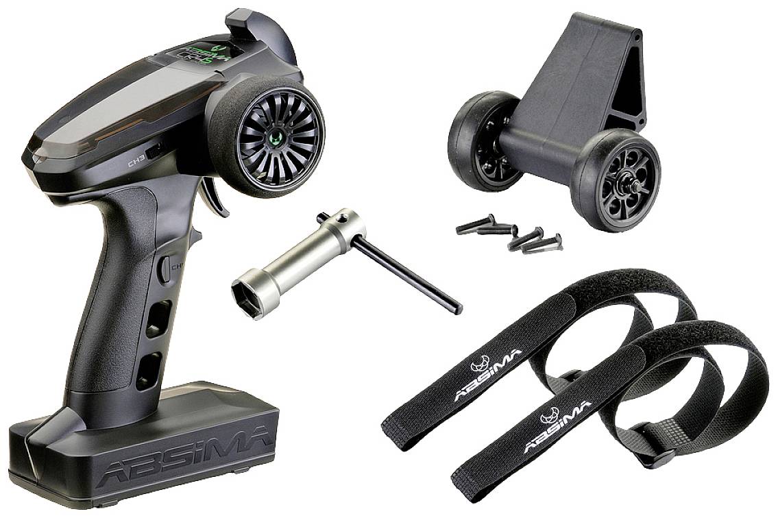 Ferngesteuerte Abisma-Pistolensteuerung, schwarzes Design, mit Ersatz-Rädern, Metallwerkzeug und Klettbändern.