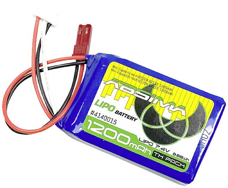 'RC-Akku 1200mAh, 7.2V' auf blau-gelber Verpackung mit Kabelanschluss, für ferngesteuerte Modelle geeignet.
