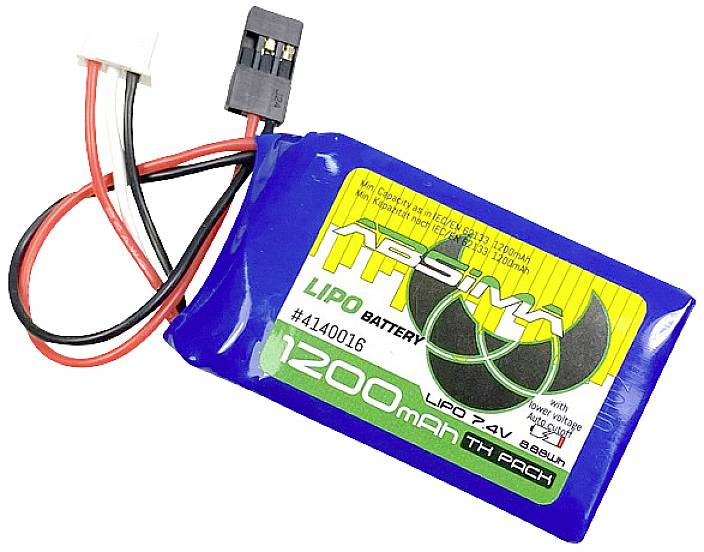 Ein blau-weißer LiPo-Akku mit der Aufschrift 'APSIM', 7,4 V, 1200 mAh, mit roten und schwarzen Anschlusskabeln.