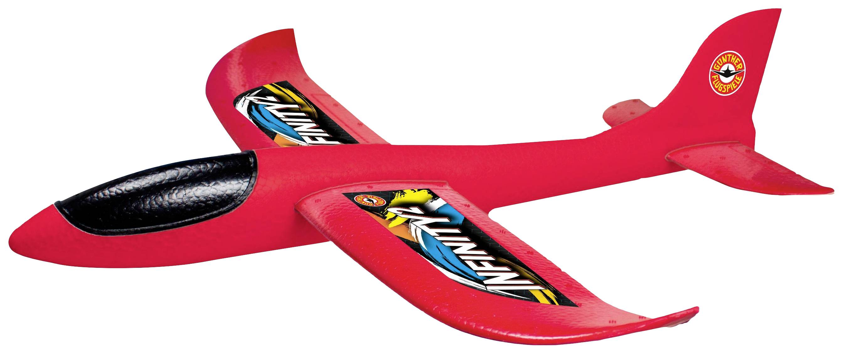 Ein rotes Modellflugzeug aus Schaumstoff mit schwarzen und gelben Akzenten. Die Flügel sind mit bunten Mustern verziert.