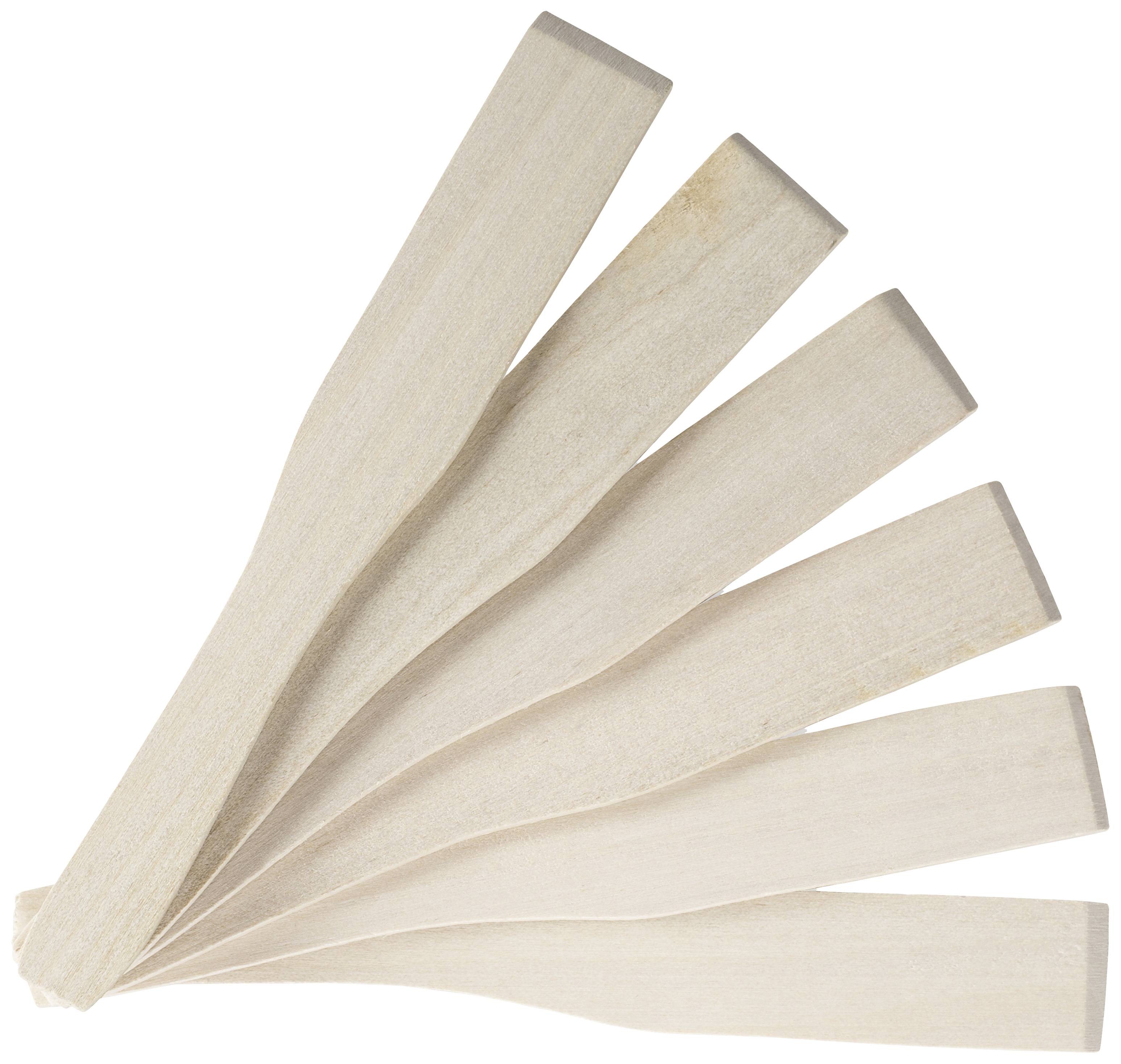 Sechs flache Holzstäbchen in Fächerform angeordnet, wie bei einem aufgeklappten Ventilator.