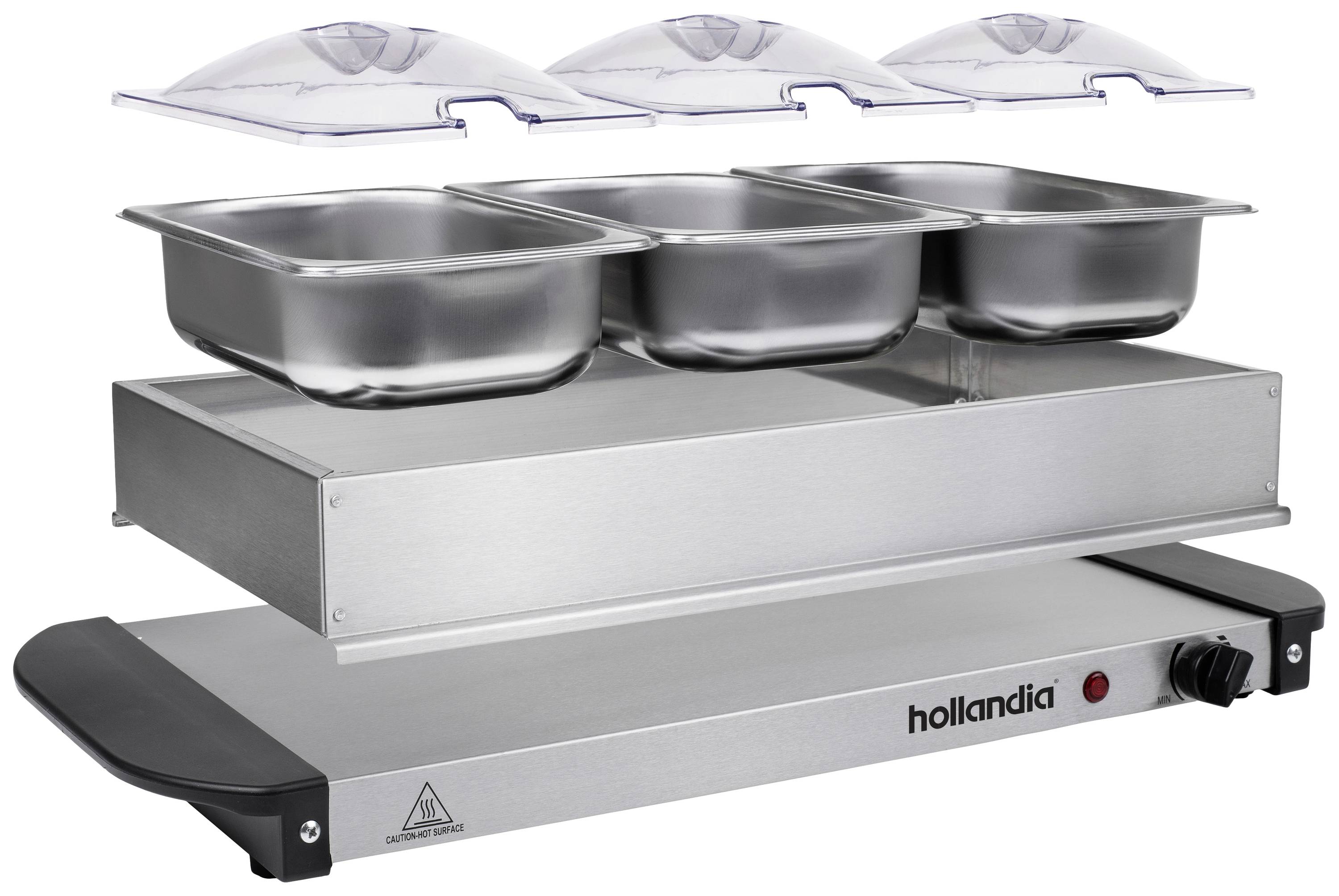 Ein silbernes Wärmesystem mit drei Edelstahlbehältern und Deckeln, darauf das Logo 'Hollandia' auf einem schwarzen Schalter.