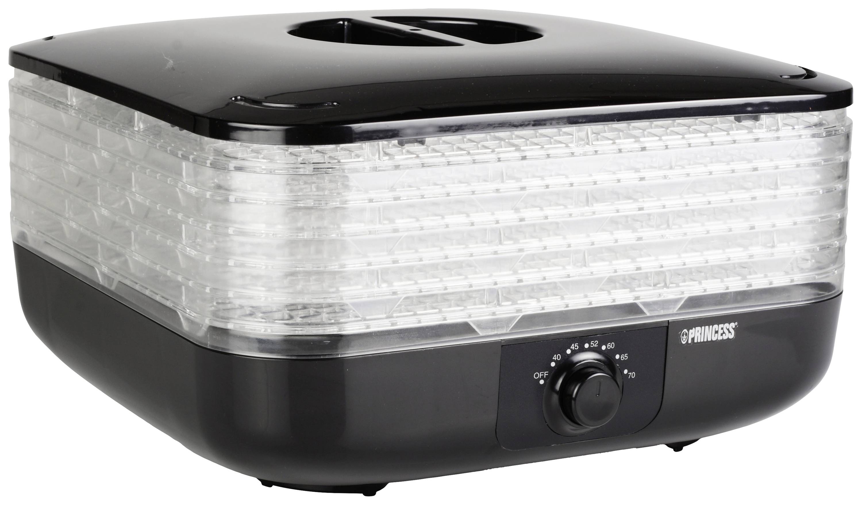 Ein schwarzer Dörrapparat mit mehreren transparenten Etagen und einem zentralen Bedienknopf auf der Vorderseite.