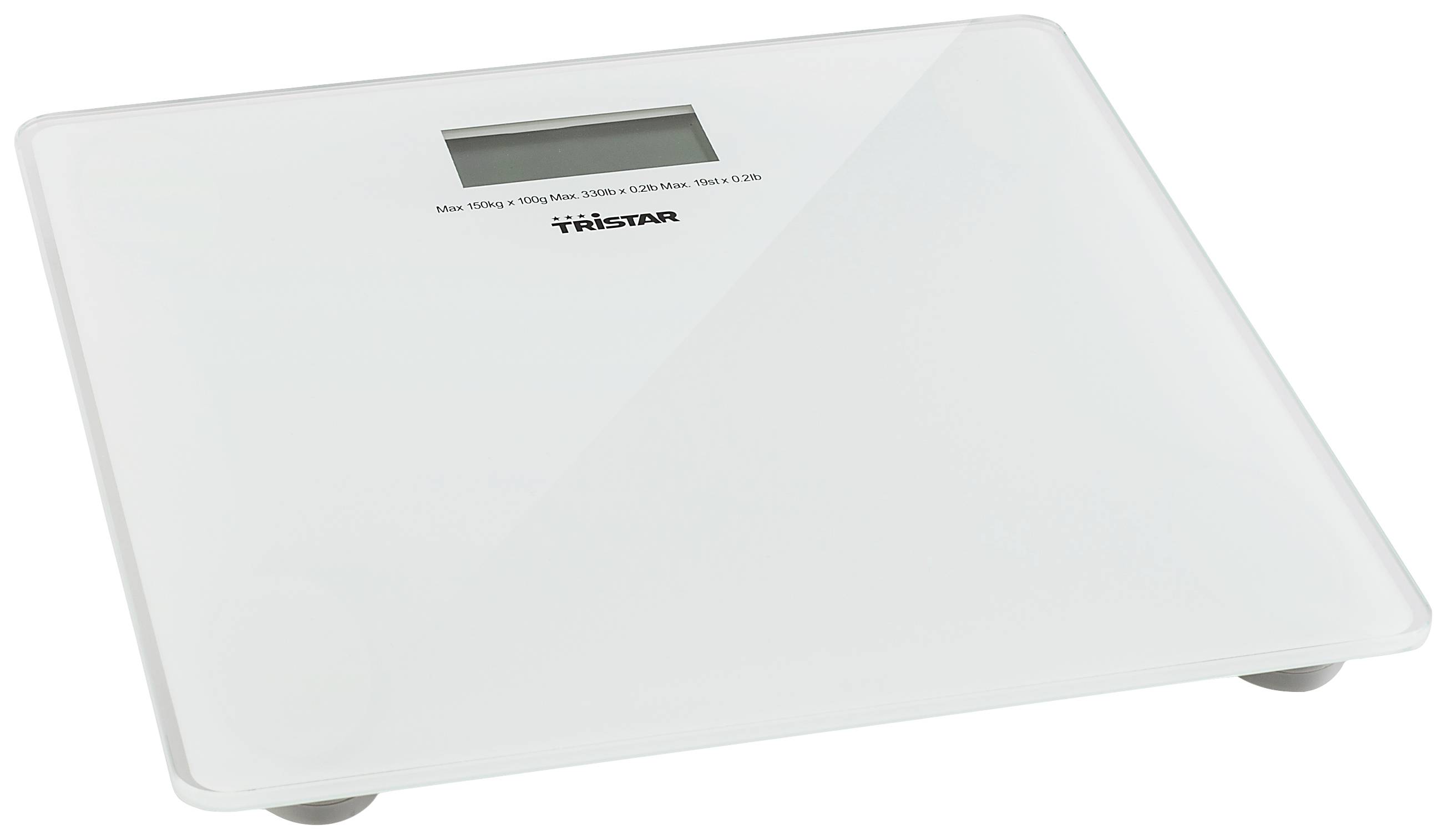 Digitale Personenwaage mit Glasoberfläche und Display, geeignet bis 150 kg.