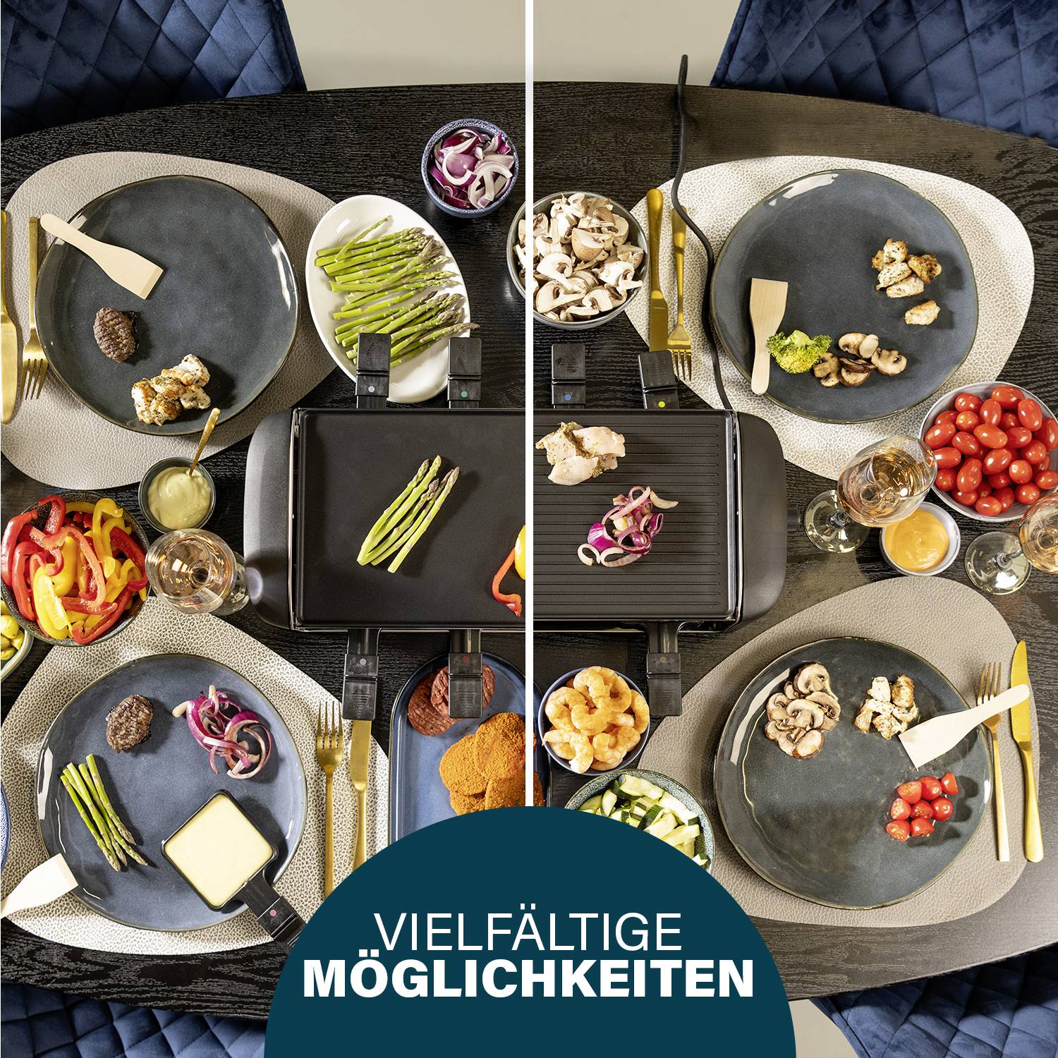 Ein Tisch mit einem Raclette-Grill, umgeben von Tellern mit Gemüse, Käse und Fleisch. Aufschrift: 'Vielfältige Möglichkeiten'.