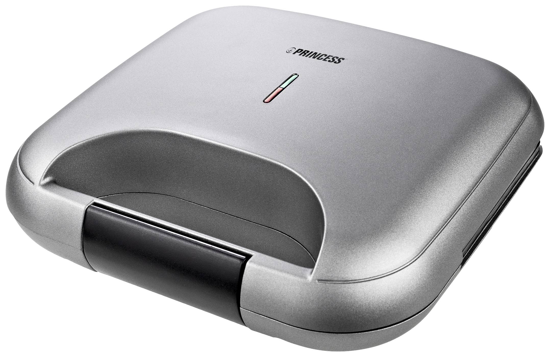 Silberner Sandwichmaker mit einem Griff. Kolben für Verschluss oben. Zwei Lämpchen zur Betriebsanzeige.