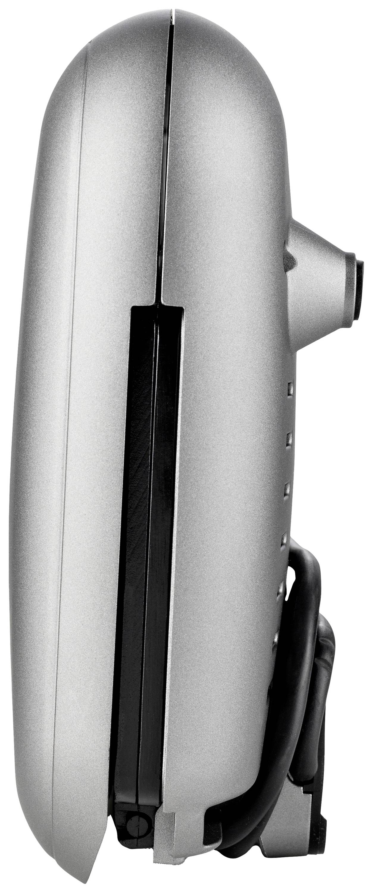 Ein silbernes Klapptelefon von der Seite mit sichtbarer Kamera und Ansteckvorrichtung.