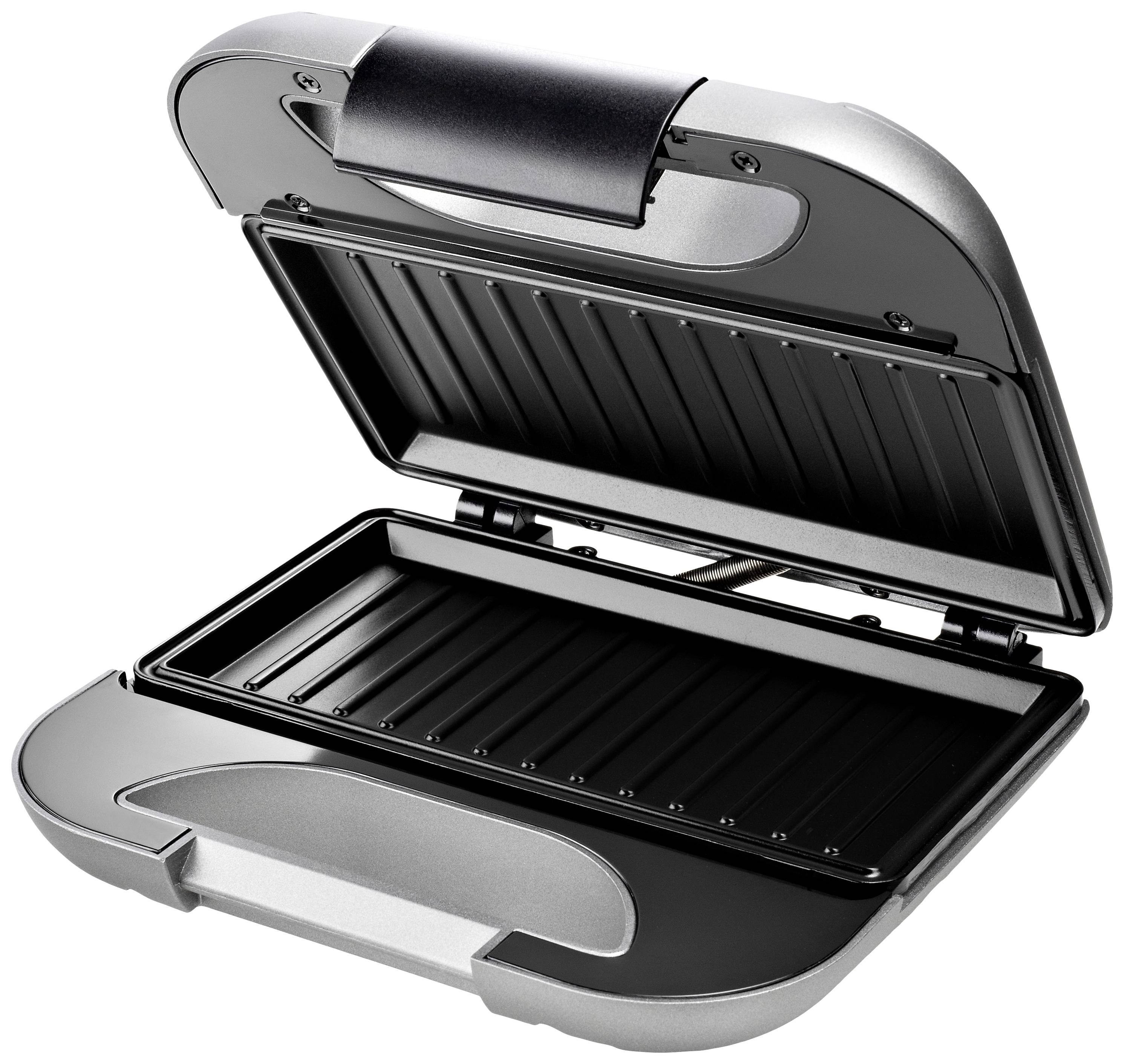 Ein geöffneter Sandwichmaker mit schwarzen Grillplatten und silbernem Gehäuse, bereit zur Verwendung.