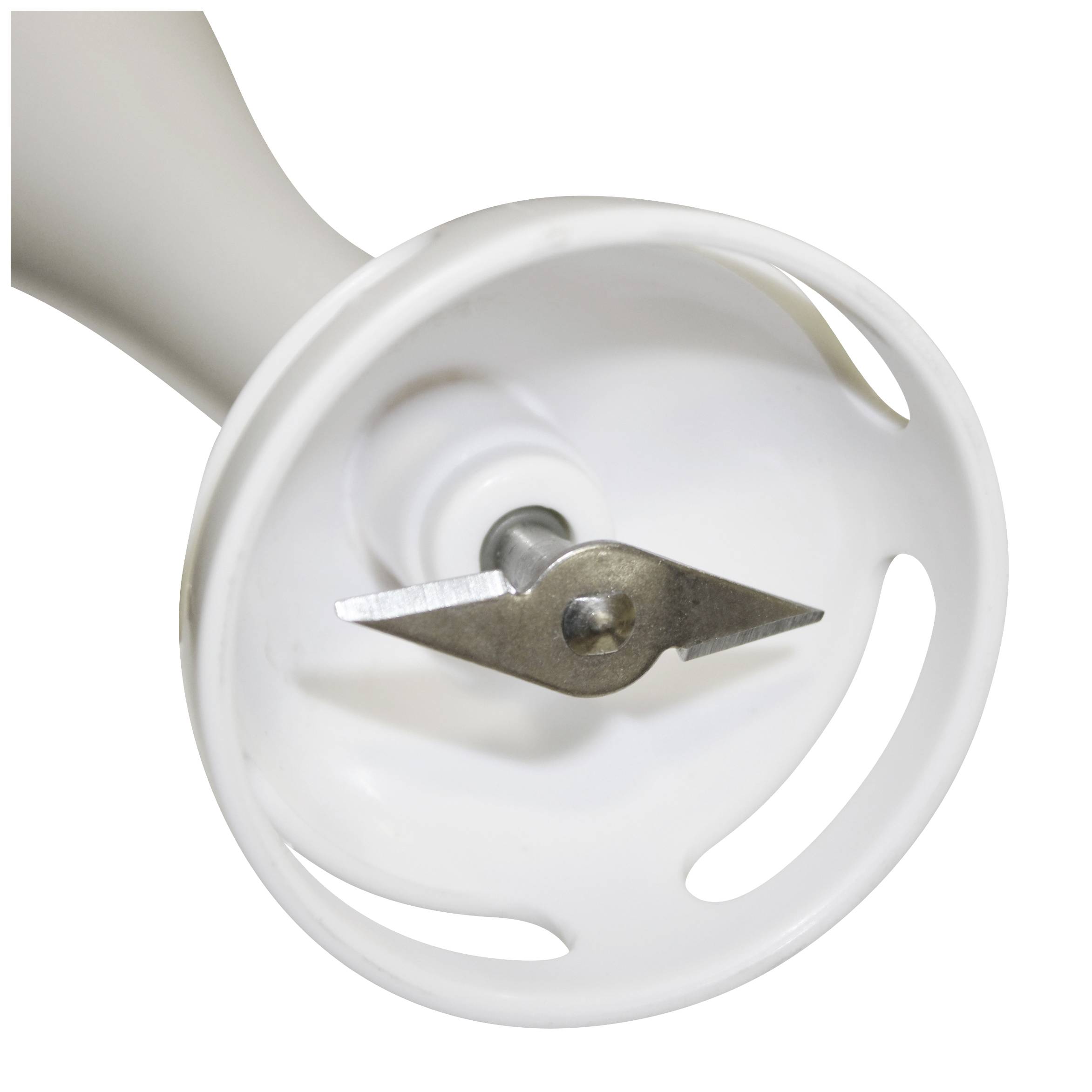 Nahaufnahme eines weißen Stabmixers mit Edelstahlklinge, geeignet zum Pürieren und Mixen von Zutaten in der Küche.