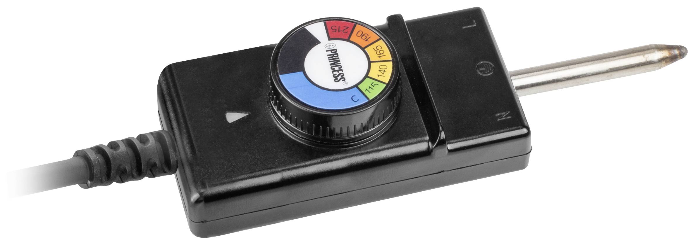 Ein elektrisches Heizelement-Thermostat mit farbcodiertem Einstellrad für Temperaturbereich, verbunden mit einem Kabel.