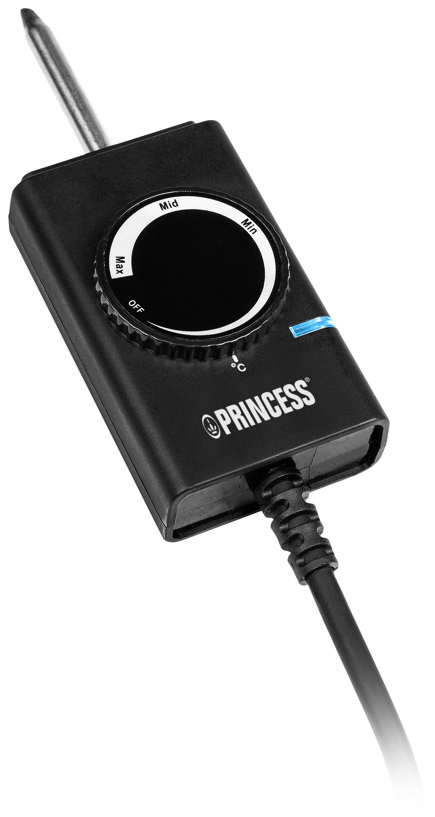 Schwarzer elektrischer Thermostat mit silbernem Drehknopf, Anzeigeleuchte und Temperaturanzeige auf der Vorderseite. Markiert 'Princess'.