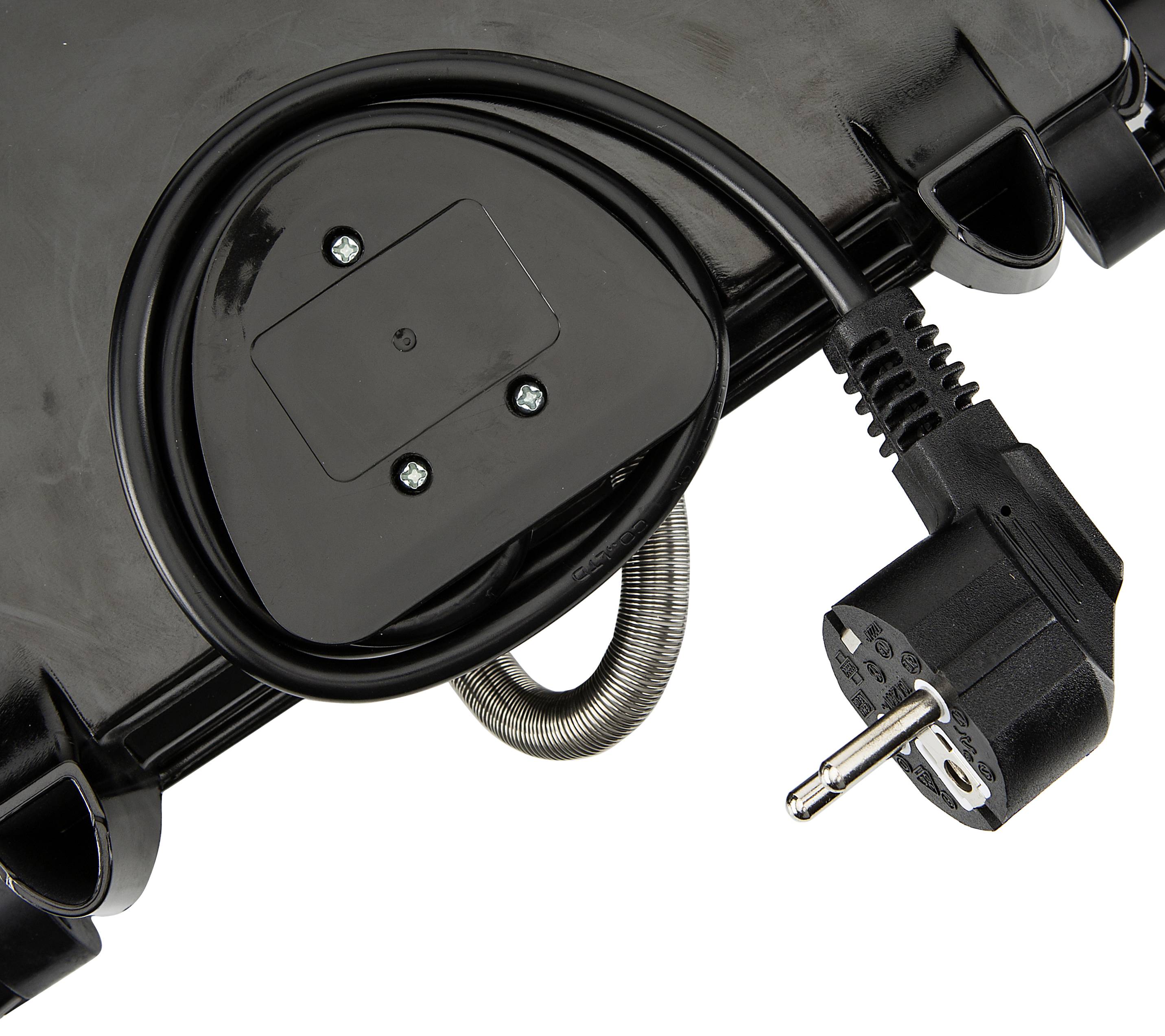 Ein schwarzes elektrisches Heizelement mit Kabel und Stecker, das die Unterseite eines Gerätes zeigt.