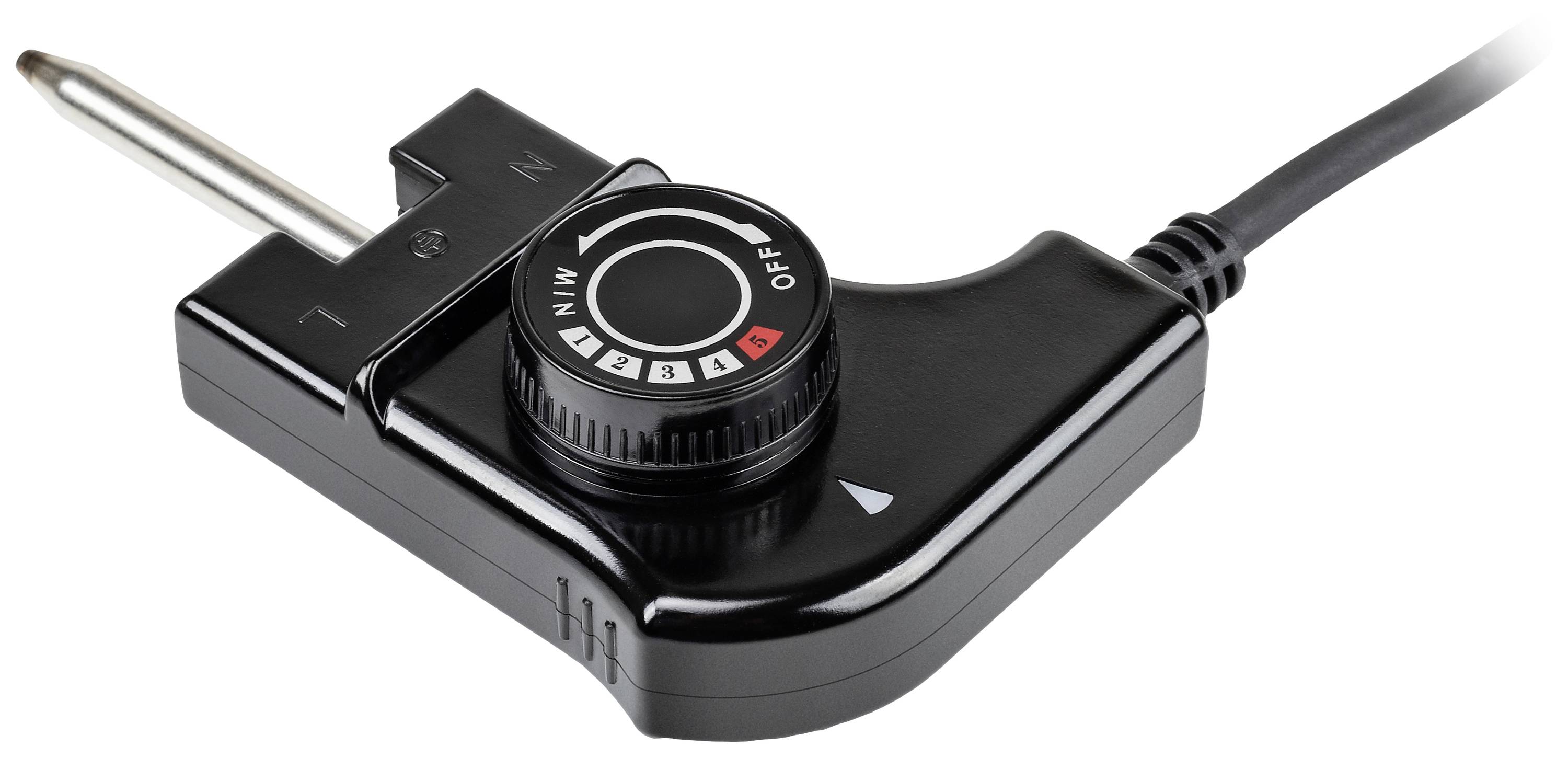 Schwarzer elektrischer Drehregler mit Einstellungen 'MIN', 'OFF', und 'MAX', verbunden mit einem Kabel und Metallstab, vermutlich für Temperaturregelung.