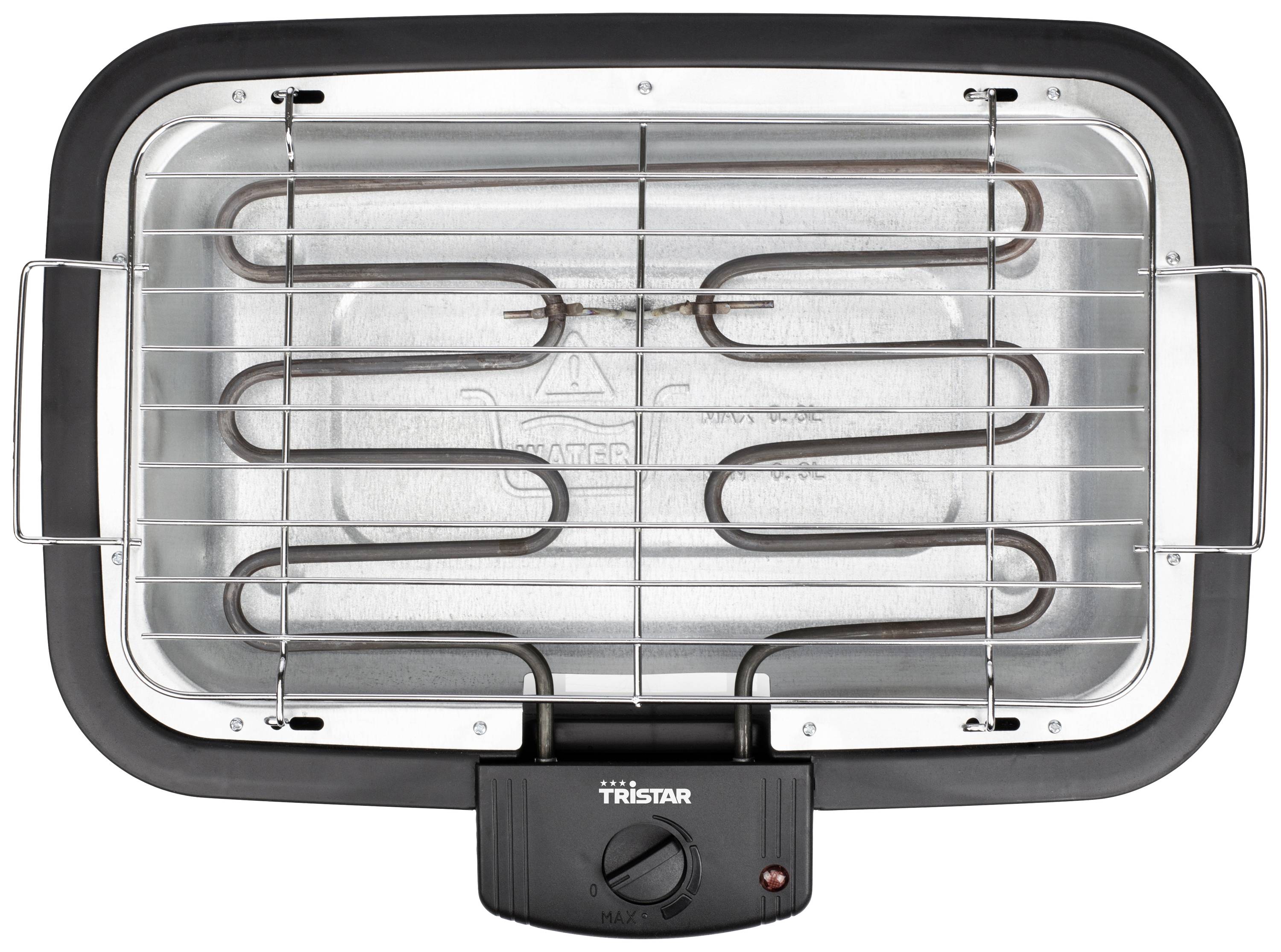 Ein rechteckiger, silberner Elektrogrill von oben, mit Heizelementen und einem schwarzen Bedienfeld mit Drehknopf und rotem Licht.