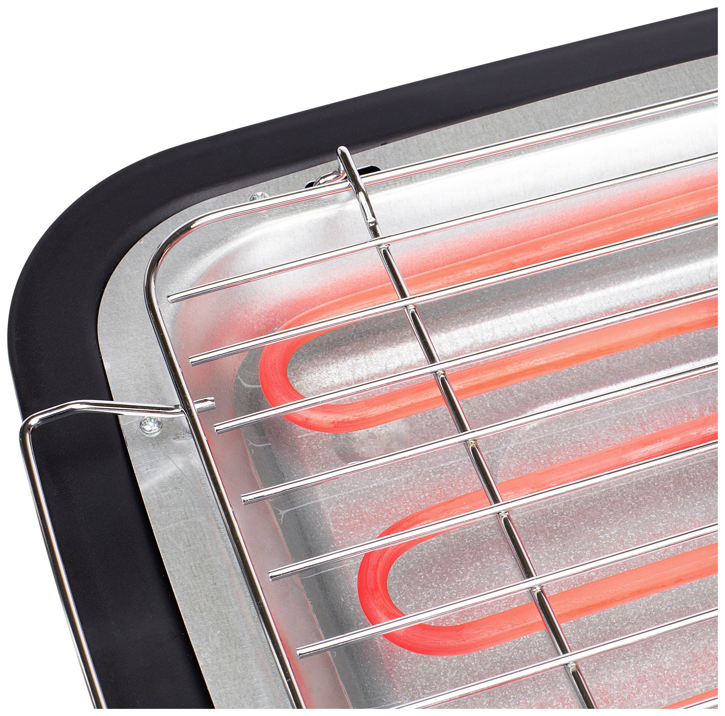 Ein elektrischer Grill mit glühenden Heizstäben unter einem Metallgitter, zeigt den Erhitzungsvorgang für das Grillen.