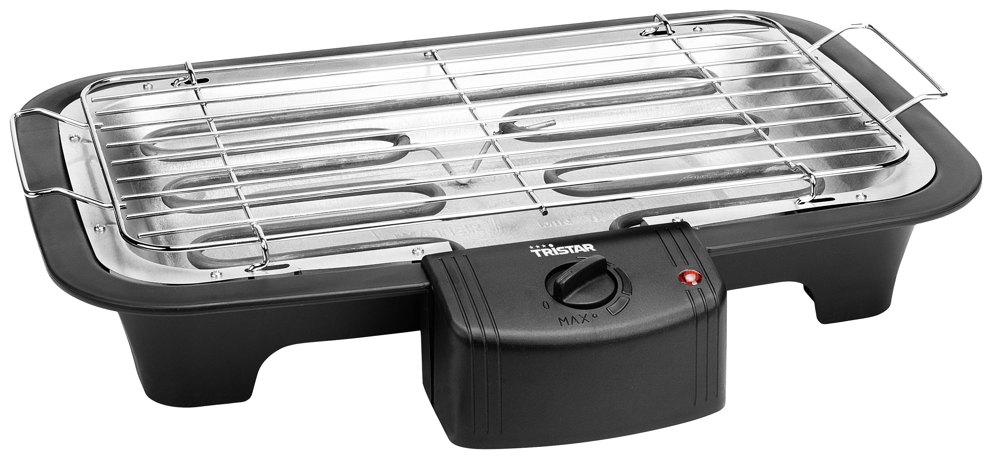 Schwarzer Tischgrill mit Metallrost und Kontrollleuchte, geeignet für Fleisch- oder Gemüsegrillen auf Tischplatte oder Arbeitsbereich.