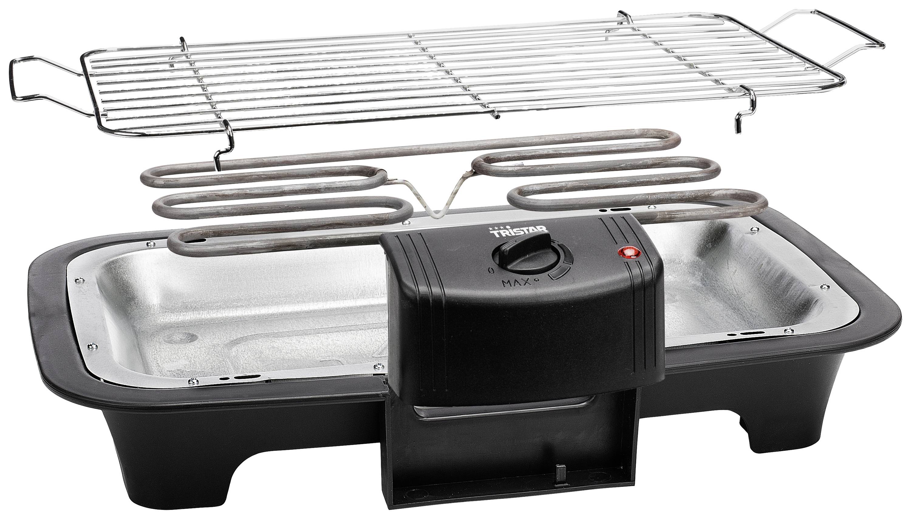 Elektrischer Tischgrill mit abnehmbaren Rosten und Heizspirale. Schwarzes Gehäuse mit einem Steckplatz für Temperaturregelung.