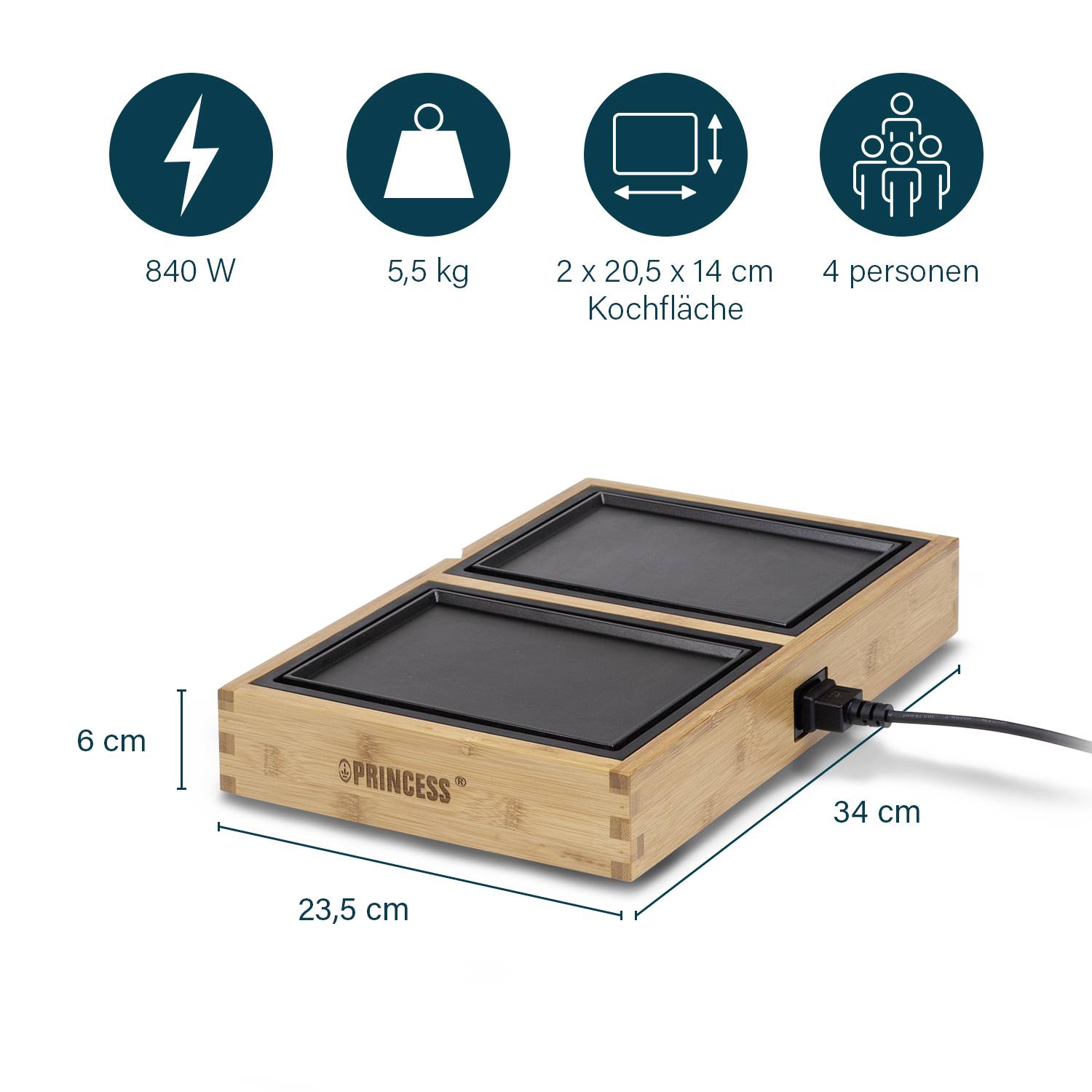 Ein Doppelfeld-Induktionskochfeld aus Bambus mit Abmessungen 23,5 cm x 34 cm und 6 cm Höhe, geeignet für 4 Personen, 840 W Leistung, 5,5 kg Gewicht.