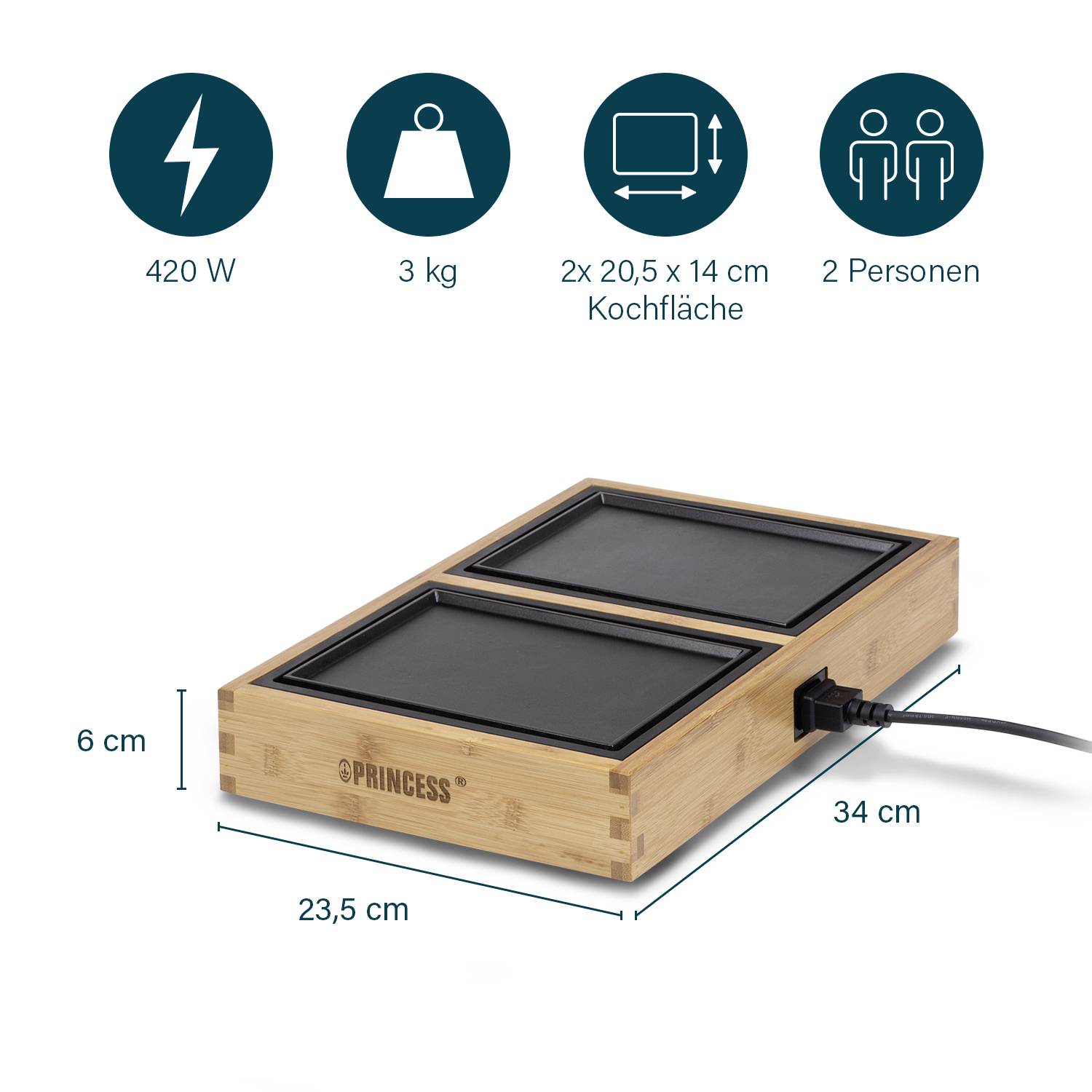 Princess 104020 Elektro Tischgrill Schwarz, Bambus