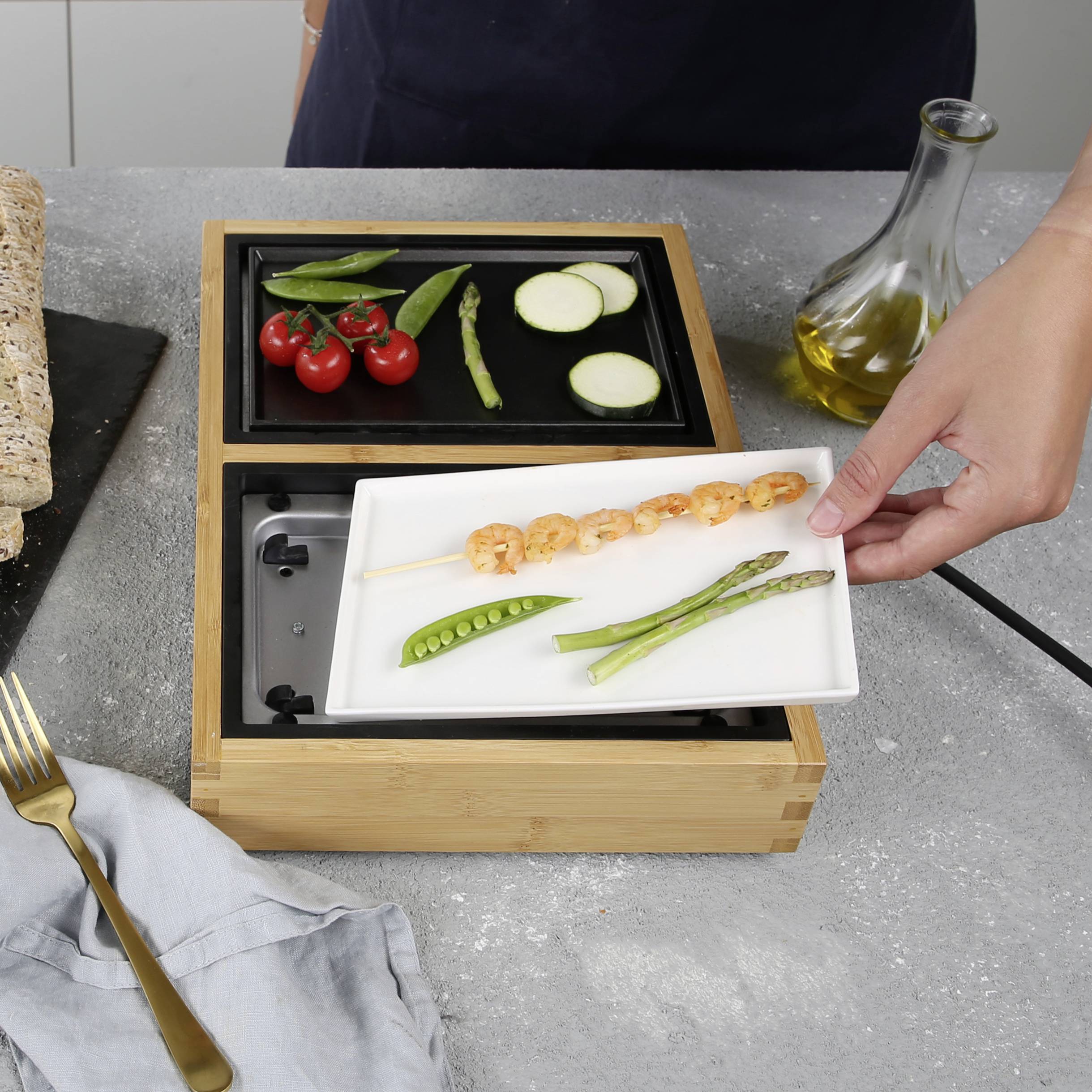 Princess 104020 Elektro Tischgrill Schwarz, Bambus