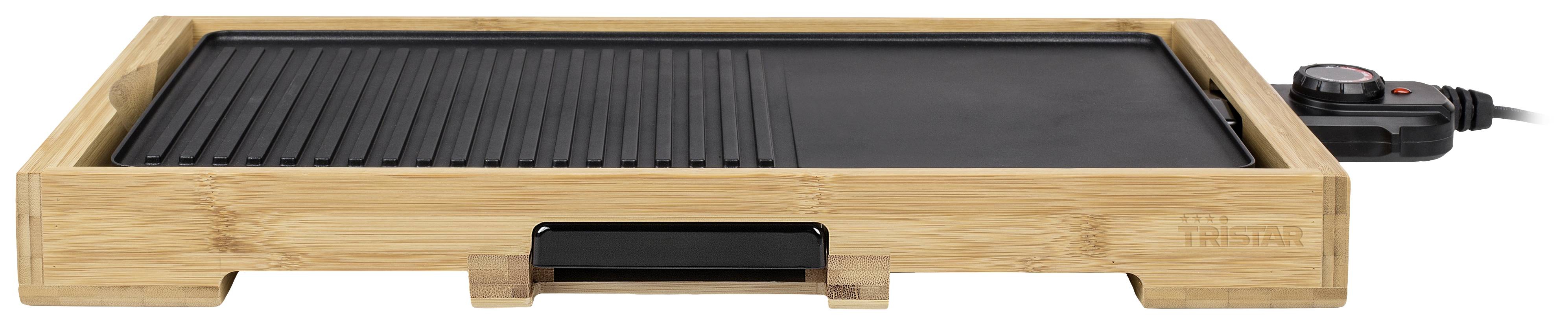 Ein elektrischer Tischgrill mit Bambusrahmen und Temperaturregler, geeignet für Indoor-Grillen und Zubereitung kleinerer Gerichte.