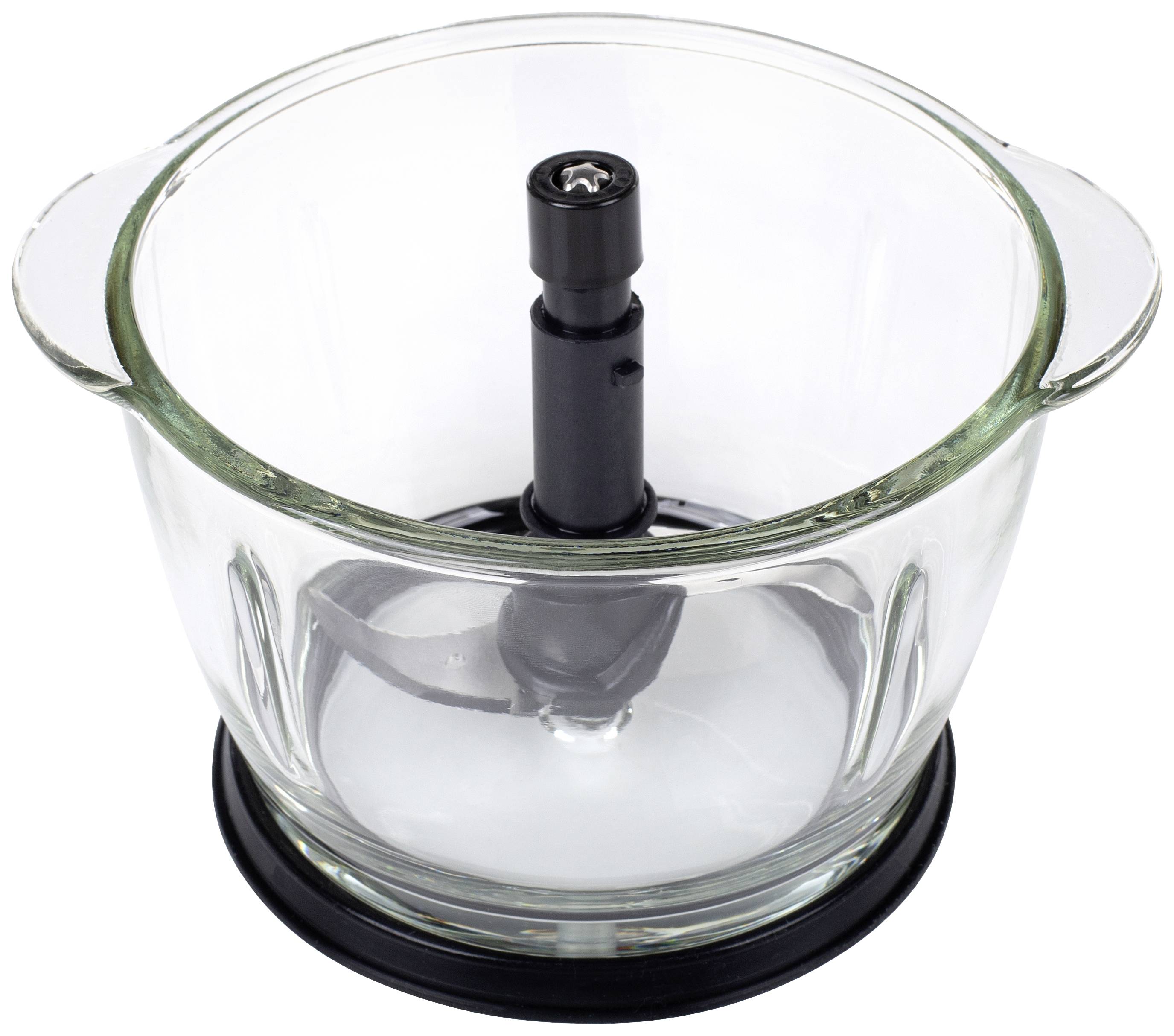 Ein Glasbehälter mit Griffen und einer schwarzen Metallklinge in der Mitte, wahrscheinlich Teil eines Küchengeräts wie eines Mixers.