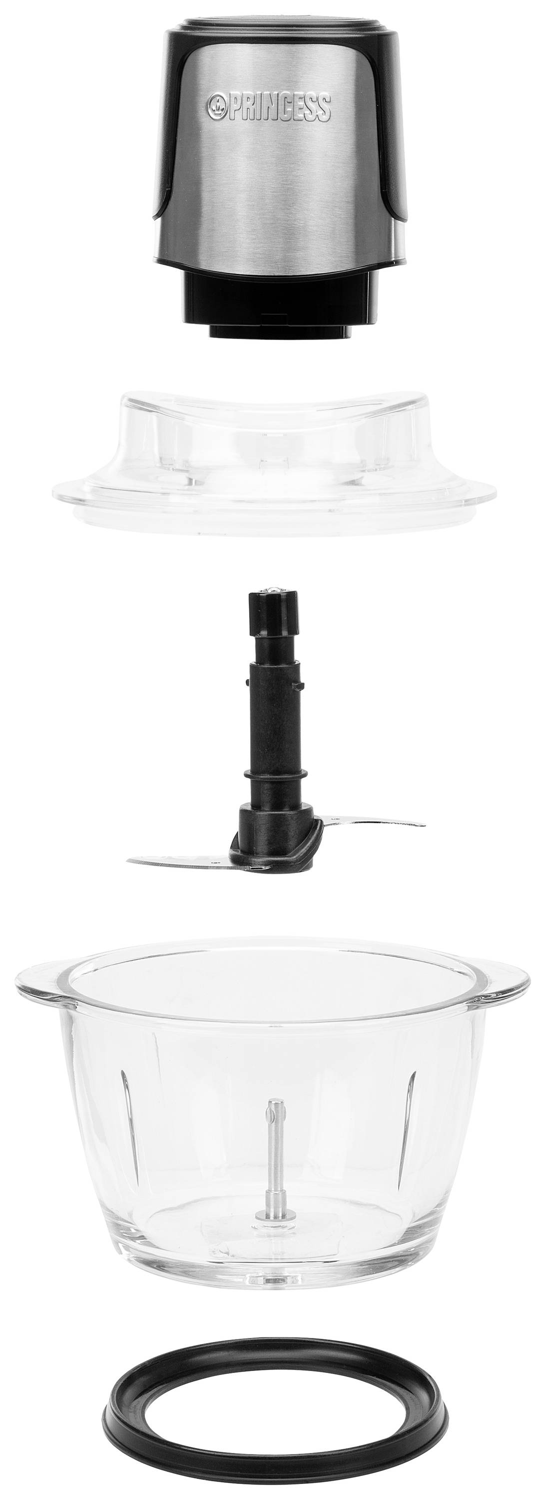 Explosionsansicht eines Mixers mit Deckel, Klinge, Glasbehälter und Dichtung. Bauteile getrennt dargestellt zur besseren Übersicht.