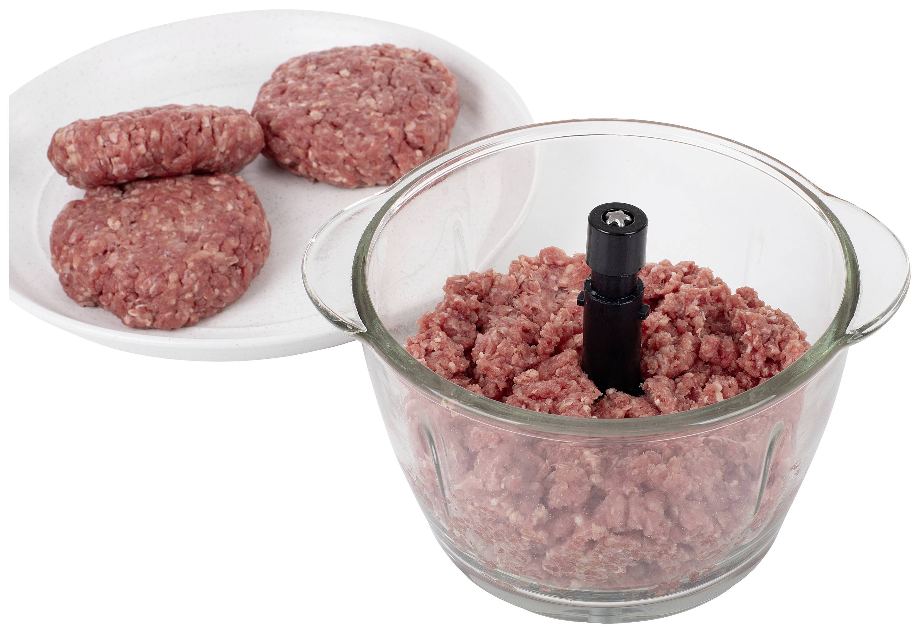 Hackfleisch in einer Glasschüssel neben einem Teller mit geformten Hackfleisch-Patties.