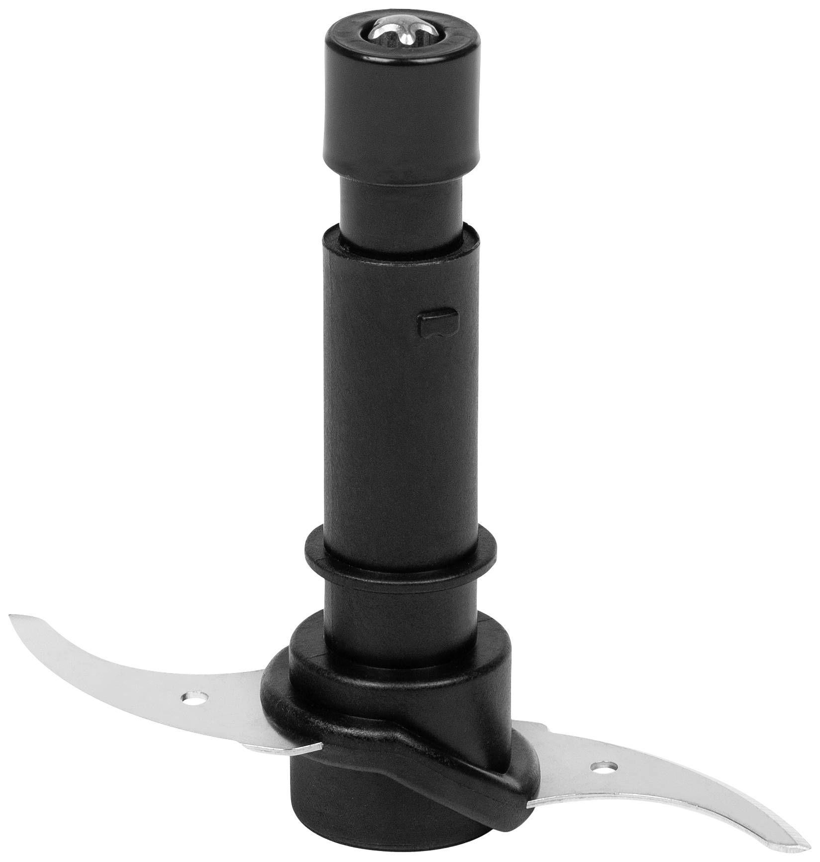 Schwarzer Plastikmixeraufsatz mit zwei silbernen, gebogenen Klingen.