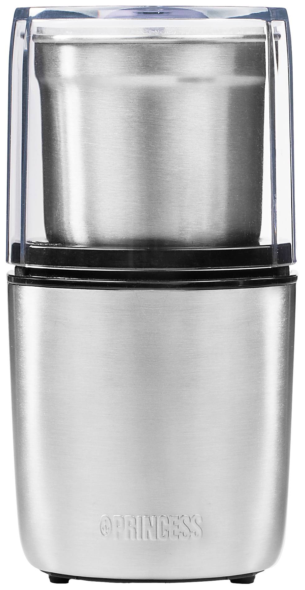 Elektrische Kaffeemühle aus Edelstahl mit transparentem Deckel. Enthält abnehmbaren Mahlbehälter und ist kompakt gestaltet.