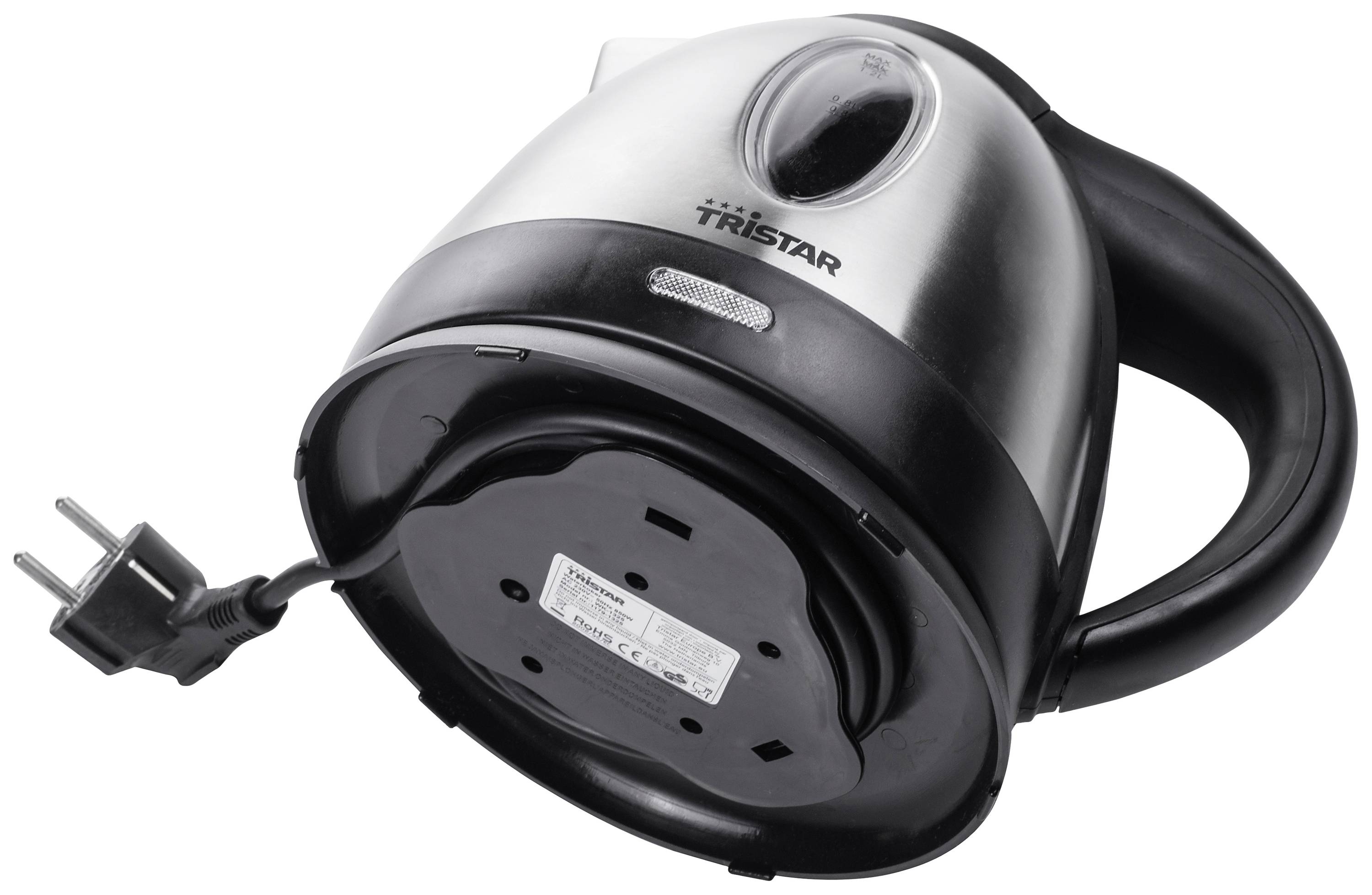 Wasserkocher in Edelstahloptik mit schwarzem Griff und abnehmbarem Sockel. Stromkabel ist sichtbar.