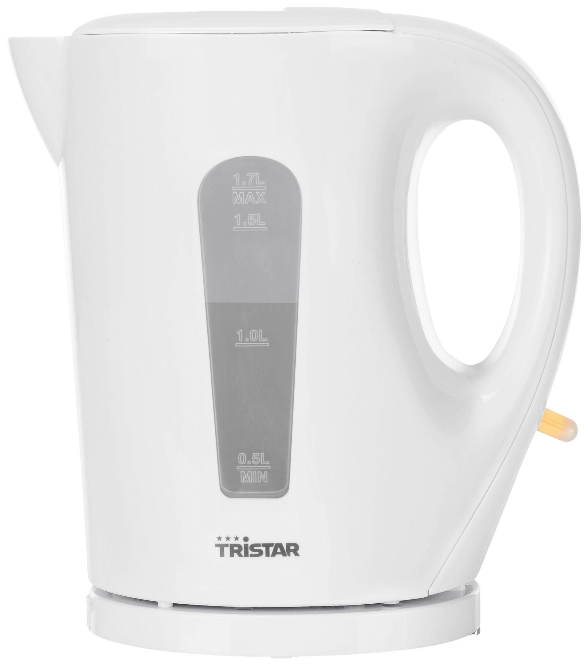 Ein weißer Wasserkocher mit einem transparenten Wasserstandsanzeiger und einem orangefarbenen Einschaltknopf an der Seite.