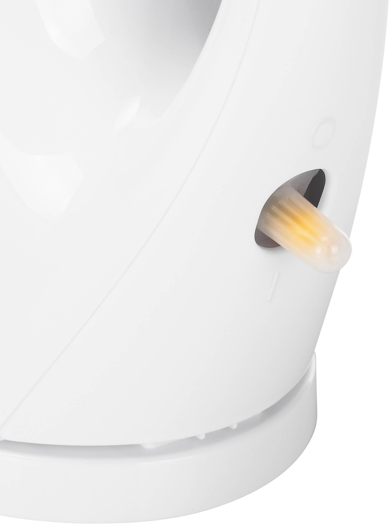 Weiße Kunststoffoberfläche mit einem orangefarbenen Knopf, der leicht herausragt. Dies könnte Teil eines elektrischen Geräts sein.