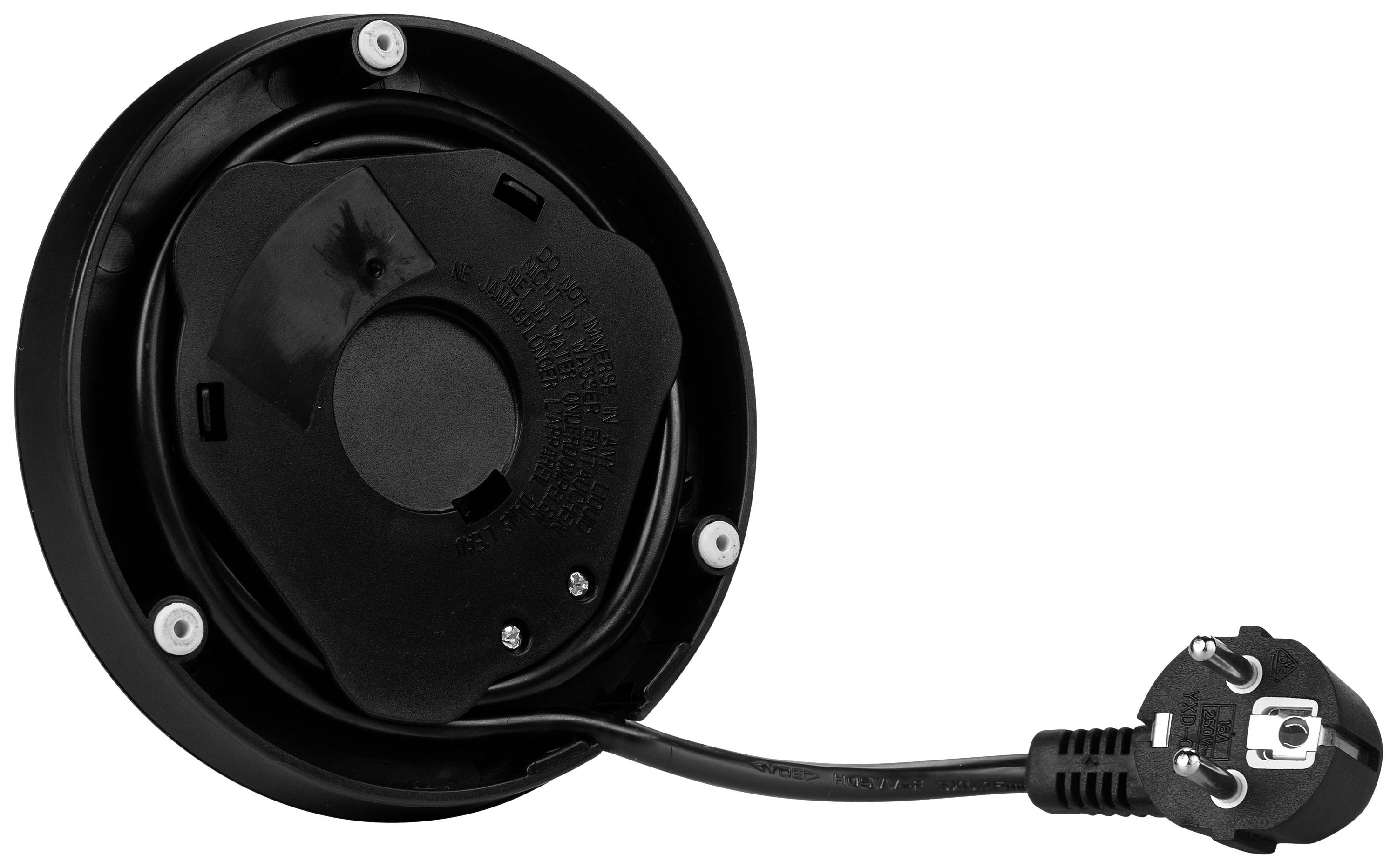 Schwarze, runde Basis eines elektrischen Geräts mit herausragendem Netzkabel und Stecker, geeignet für Küchengeräte.