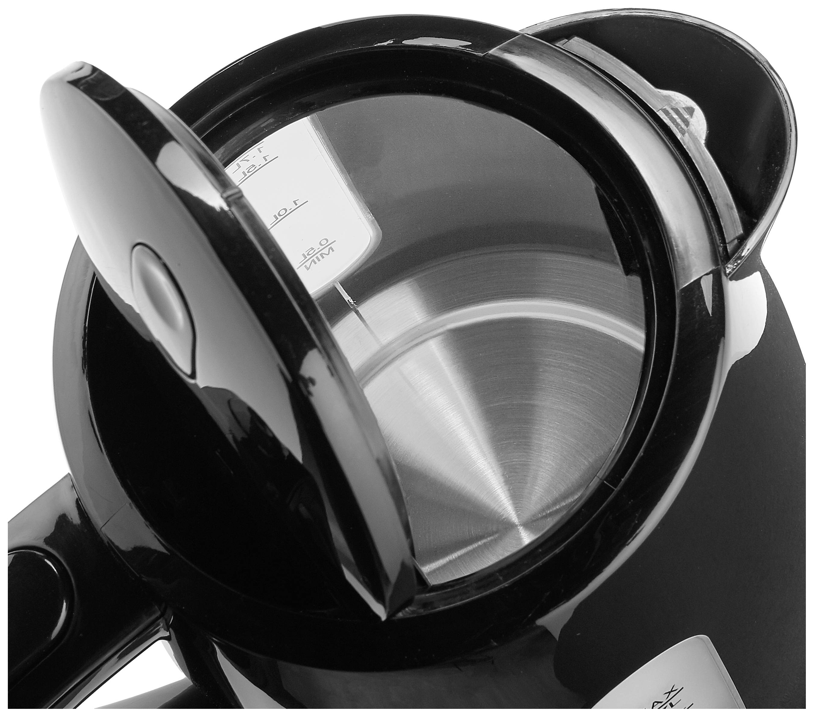 Ein schwarzer Wasserkocher mit geöffnetem Deckel von oben betrachtet. Das Innere und der Wasserstandsanzeiger sind sichtbar.