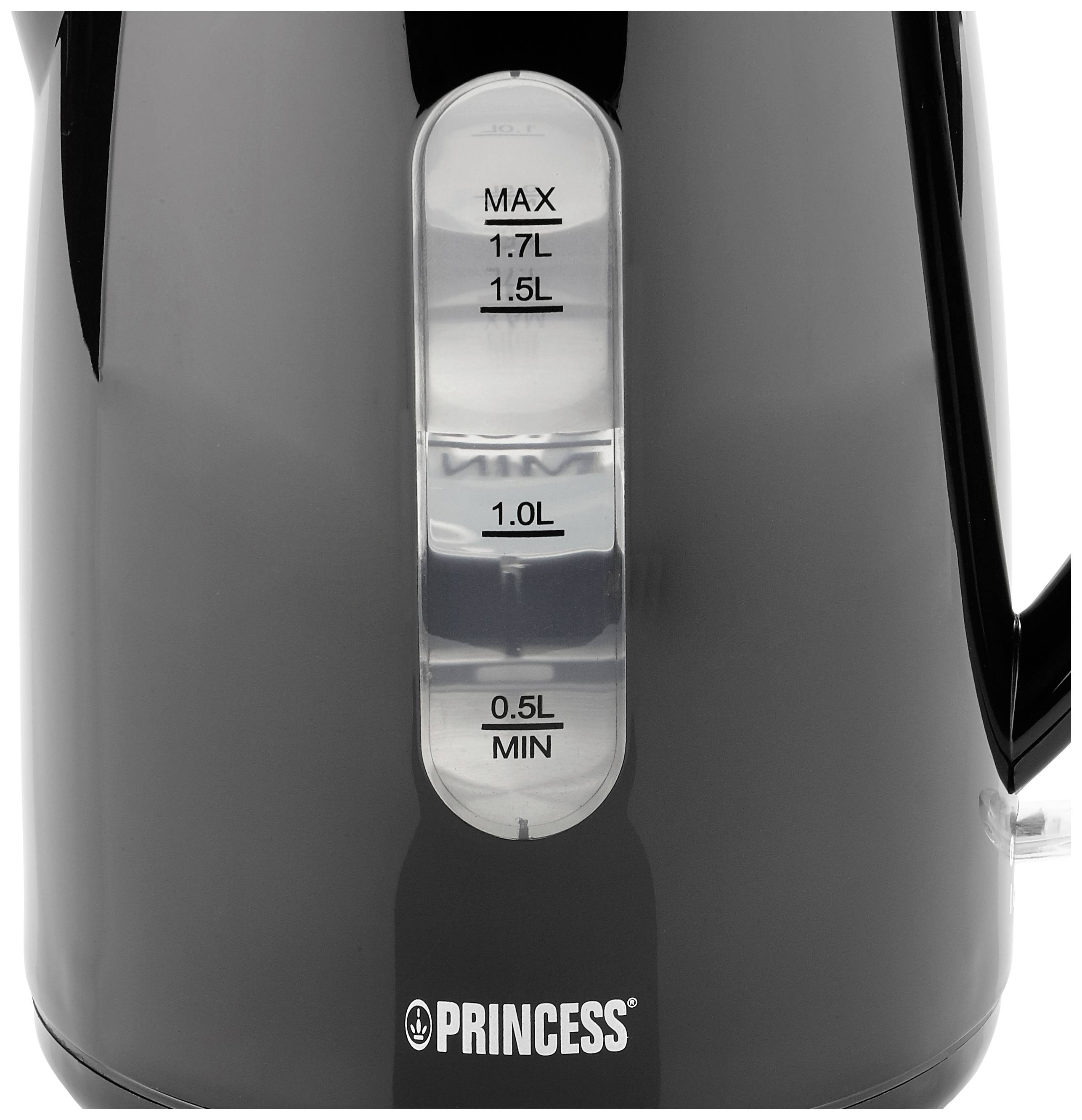 Schwarzer Wasserkocher mit Füllstandsanzeige, markiert mit 'MIN', '0.5L', '1.0L', '1.5L' und 'MAX', maximal 1.7 Liter Kapazität.