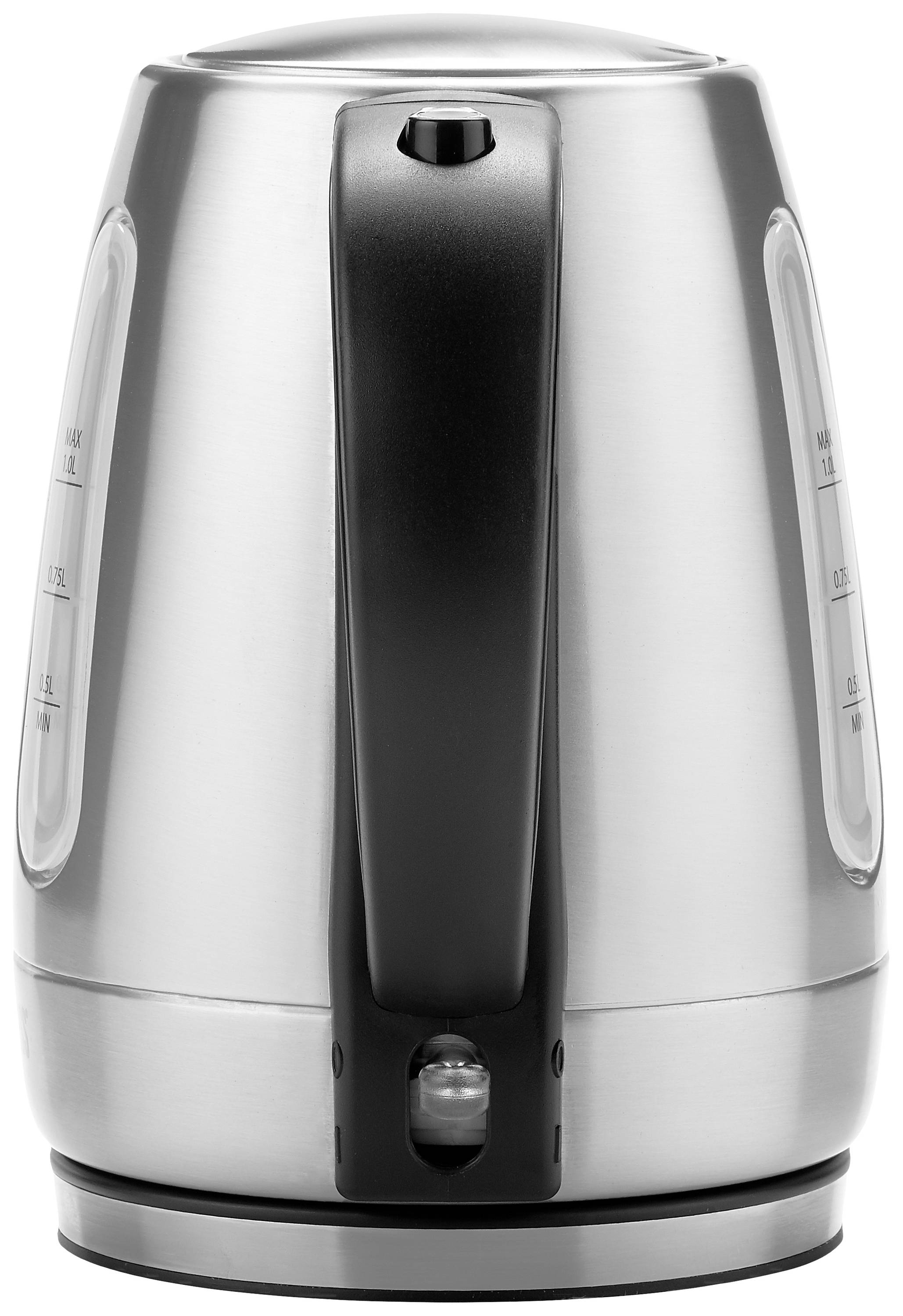 Elektrischer Wasserkocher aus Edelstahl mit schwarzem Griff, der auf einem runden Sockel steht.