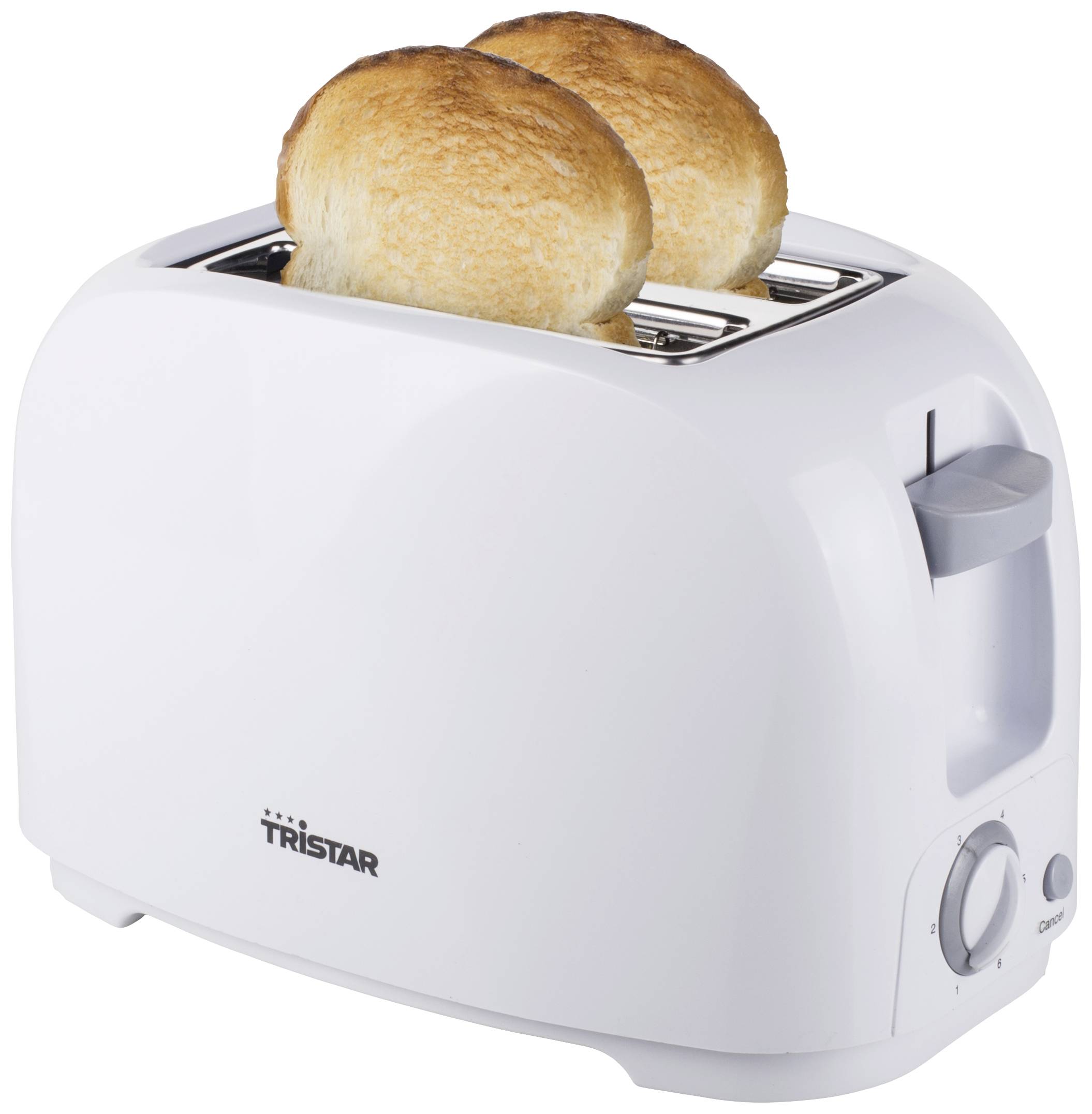 Ein weißer Toaster mit zwei goldbraunen Toastscheiben sichtbar, Drehregler an der rechten Seite.