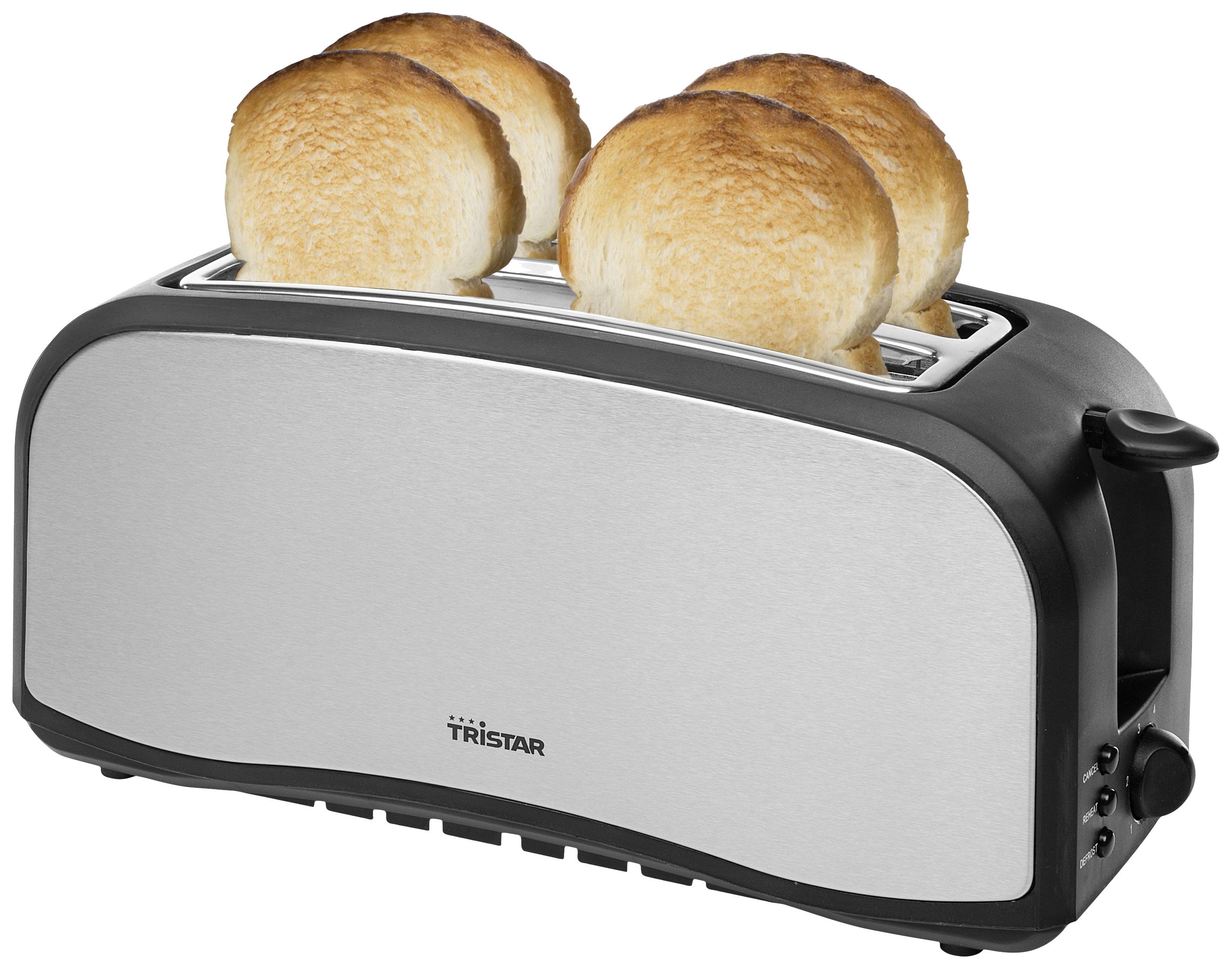 Silberner Toaster mit vier goldbraunen Toastscheiben darauf.