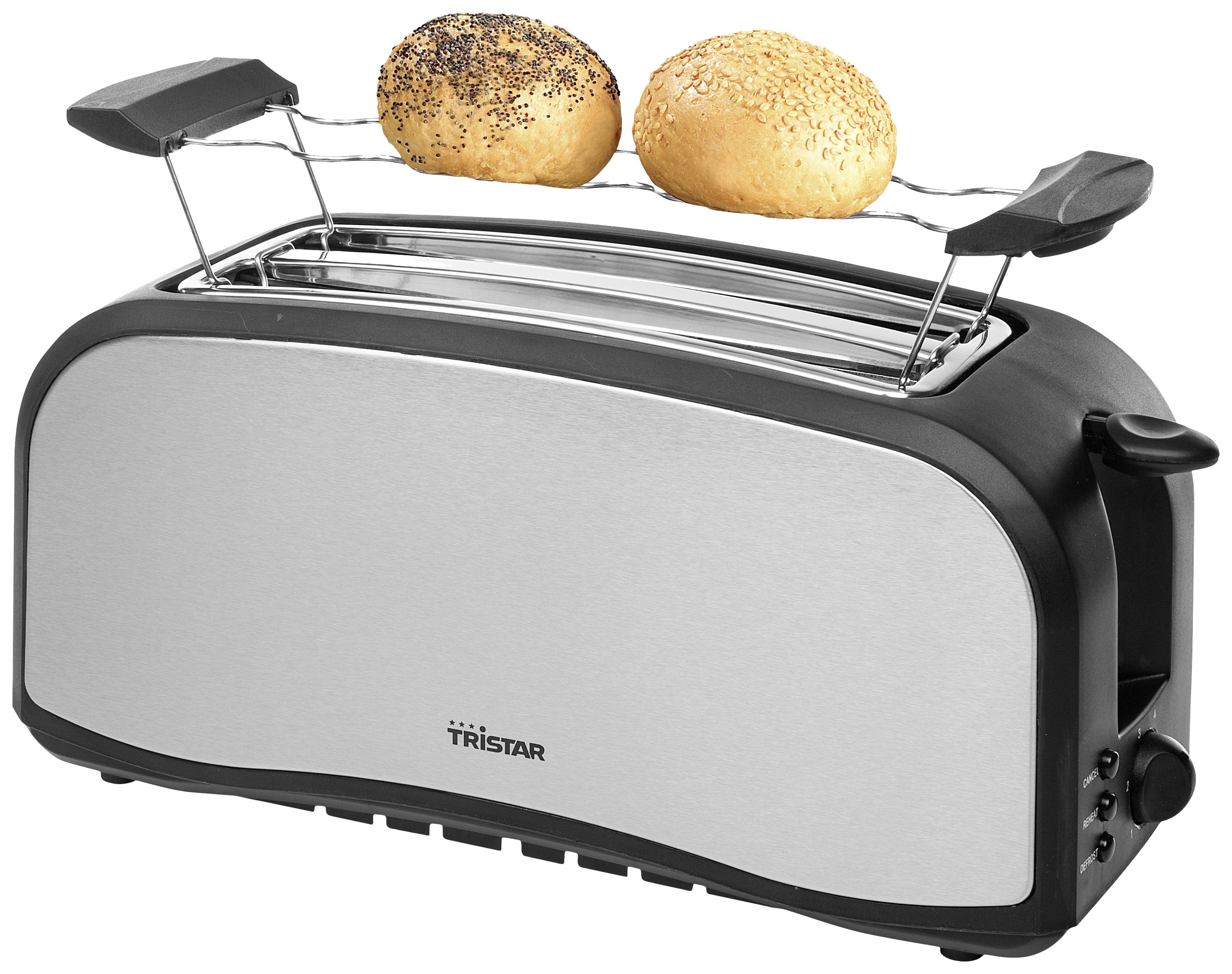 Toaster mit zwei Brötchen auf einem Brötchenaufsatz, modern gestaltet in Silber und Schwarz.